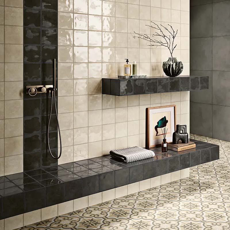 Landhaus Retro Wandfliese Block Black Glossy 14,4 x 14,4 cm